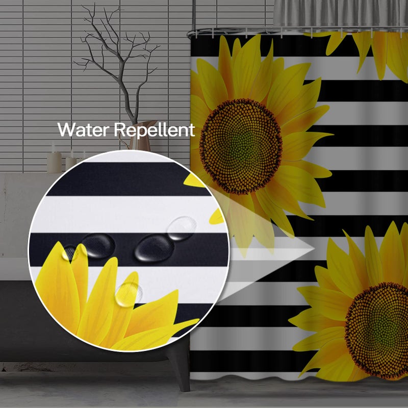 Emvency Shower Curtain Bright Sunflowers Striped Black and White Pattern Yellow Sun Flowers Print Home Decor Waterproof Polyester Fabric 72 x 72 inches Set with Hooks - Image 5